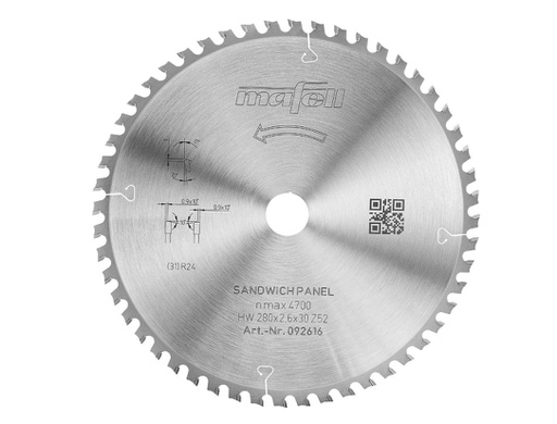 [092616] Mafell Sägeblatt KSB-SP 280 HW, 280 x 2,6 x 30 mm, Z52, WZFA, Sandwich Panel